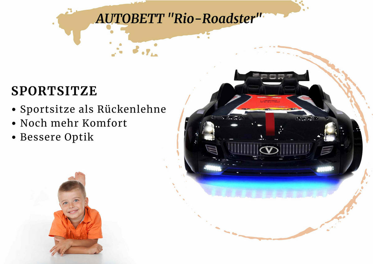 AUTOBETT Roadster Schwarz Kinderbett LED Sound Sportsitze Lattenrost Spoiler - Schwarz, Holzwerkstoff/Kunststoff (90/190cm) - Aileenstore