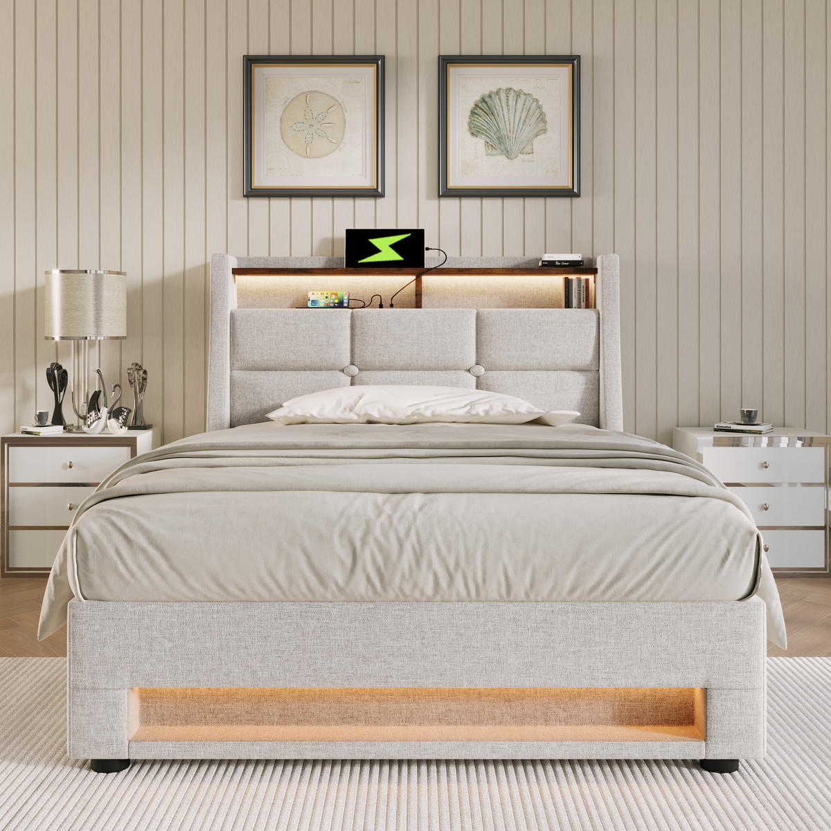 POLSTERBETT 90/200 cm Beige mit USB-Anschluss und LED-Beleuchtung Mit Matratze - Beige, Textil (90/200cm) - OKWISH