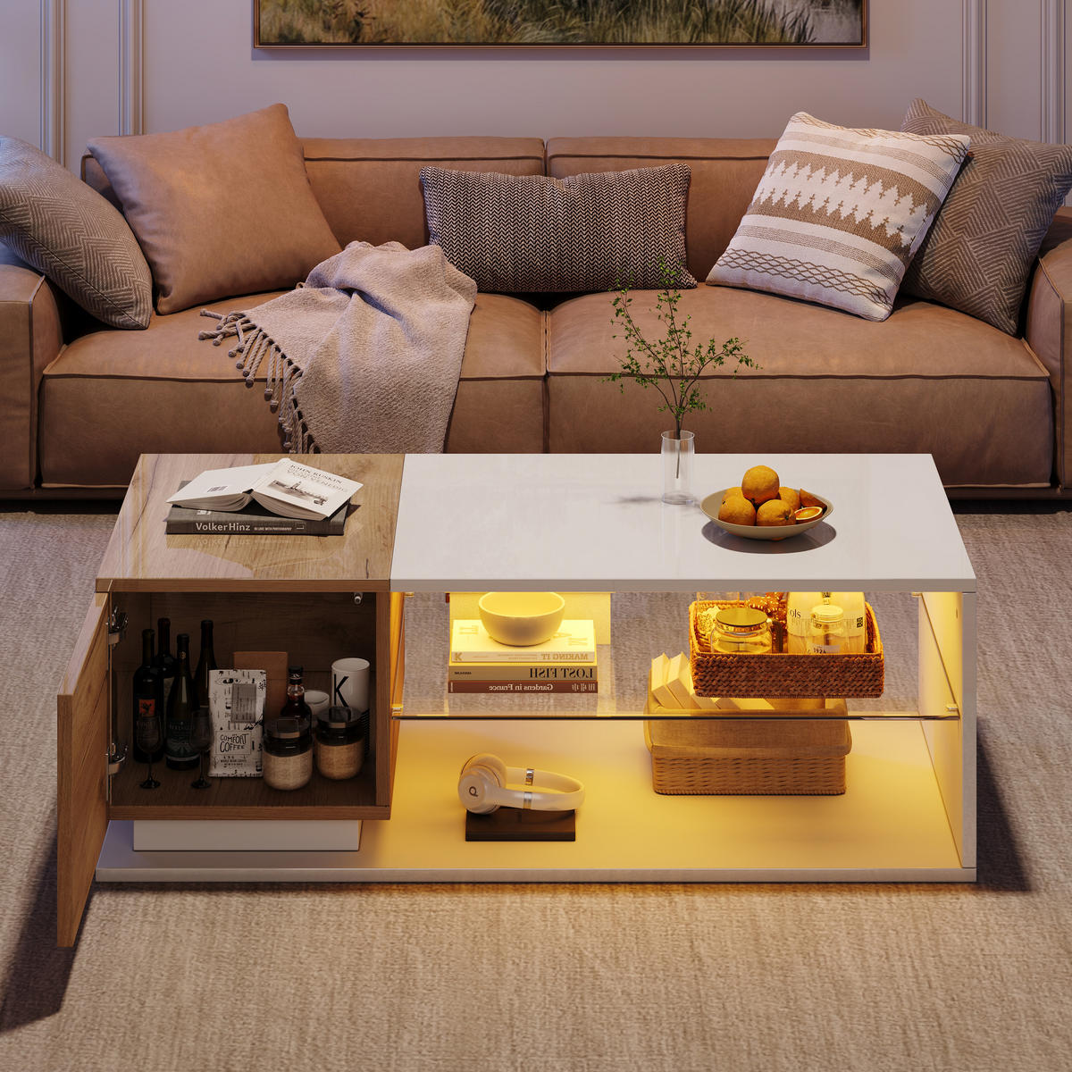 COUCHTISCH LED Hochglanz 105x50x36cm mit Stauraum und Beleuchtung - Multicolor, Holzwerkstoff (105/50/36cm) - FLIEKS