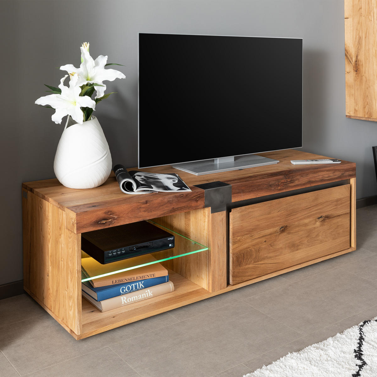 TV-BOARD Wildeiche / Zerreiche 150x48x50 natur geölt NEW AMSTERDAM #01 - Naturfarben, Holz (150/50/48cm) - Massivmoebel24