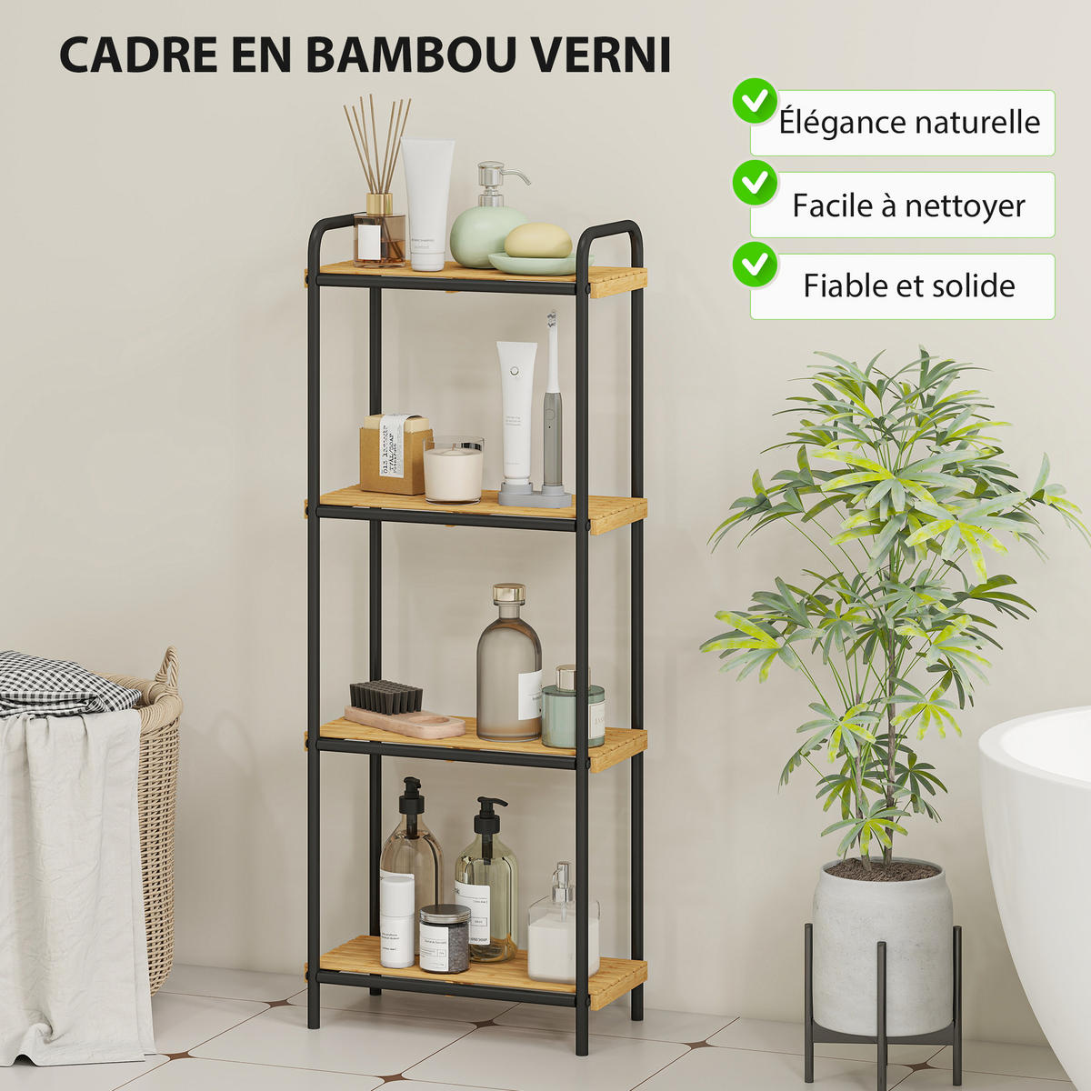 BADEZIMMERREGAL DE-17341 4 Ebenen, schmal aus Bambus & Stahl Natur - Schwarz, Naturmaterialien (21.5/106/41.5cm) - ComfortXL