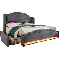 POLSTERBETT 160/200 cm mit LED-Beleuchtung, USB-C-Anschluss, 4 Schubladen und Lattenrost, Samt, Grau - Grau, Textil (160/200cm) - Redom