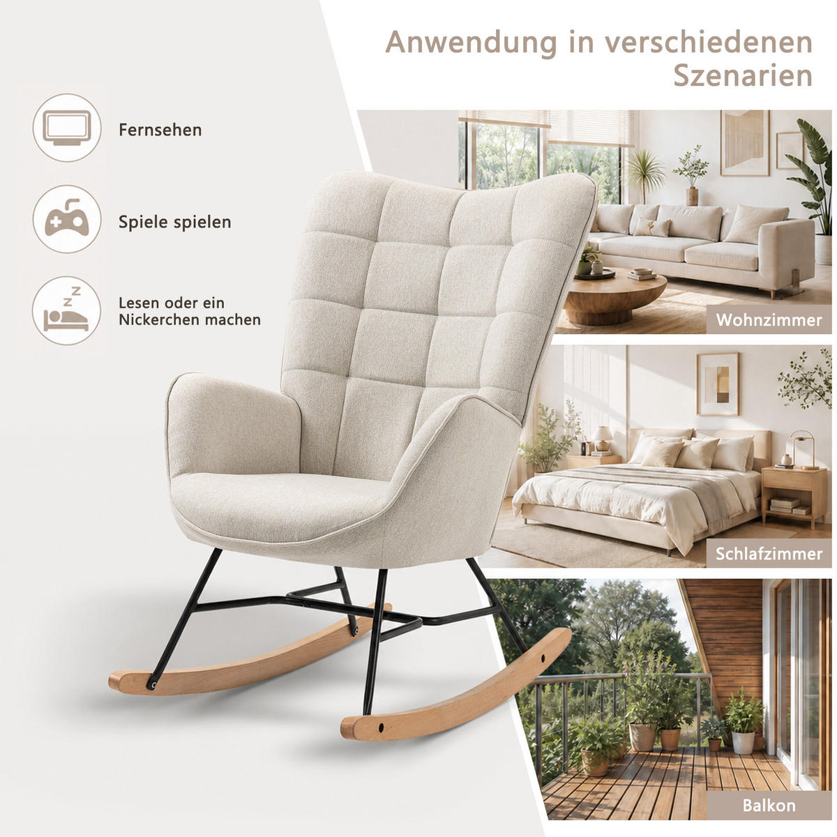 SCHAUKELSTUHL 2er-Set, Skandinavischer Stoff-Schaukelstuhl mit Holz- und Metallgestell, Beige - Beige, Textil (68/98/85cm) - Meubles Cosy