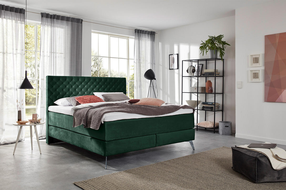 BOXSPRINGBETT MIT VISCO-TOPPER SINDAR Dunkelgrün Webstoff - Dunkelgrün/Silberfarben, Textil (200/200cm) - KAWOLA