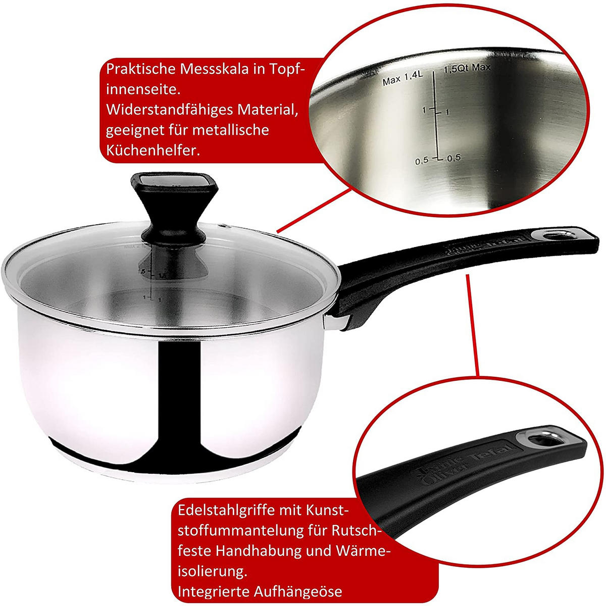 TOPF PFANNENSET Jamie Oliver 11-tlg Edelstahl, Induktion, Antihaftbeschichtung, Kochgeschirr, Bratpfannen, Kochtöpfe, Glasdeckel, hitzebeständig - Silberfarben/Schwarz, Metall - Tefal