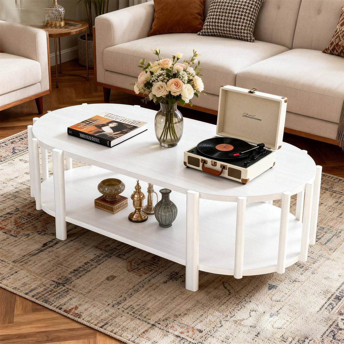 OVALER Couchtisch mit Stauraum – Moderner Wohnzimmertisch in Naturholz-Optik, 119 cm lang, MDF, Weiß - Weiß, Holzwerkstoff (119/60/40cm) - Ej. Life