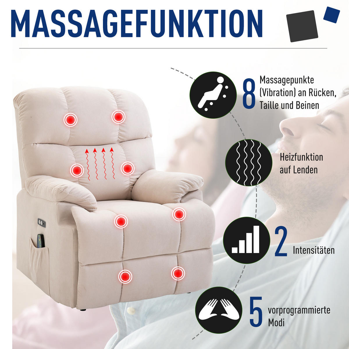 SESSEL mit aufstehhilfe Relaxsessel Fernbedienung USB Kurzplüsch Creme - Weiß, Kunststoff (95/105/83cm) - HOMCOM
