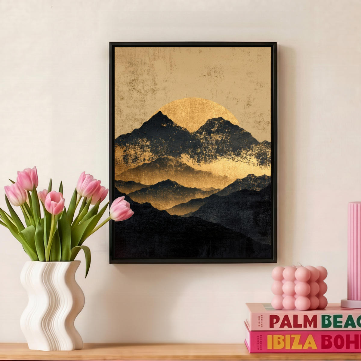 LEINWAND Bilder mit Rahmen - Goldene Berge bei Mondschein - 30x40 - Goldfarben, Textil (30/40cm) - MuchoWow