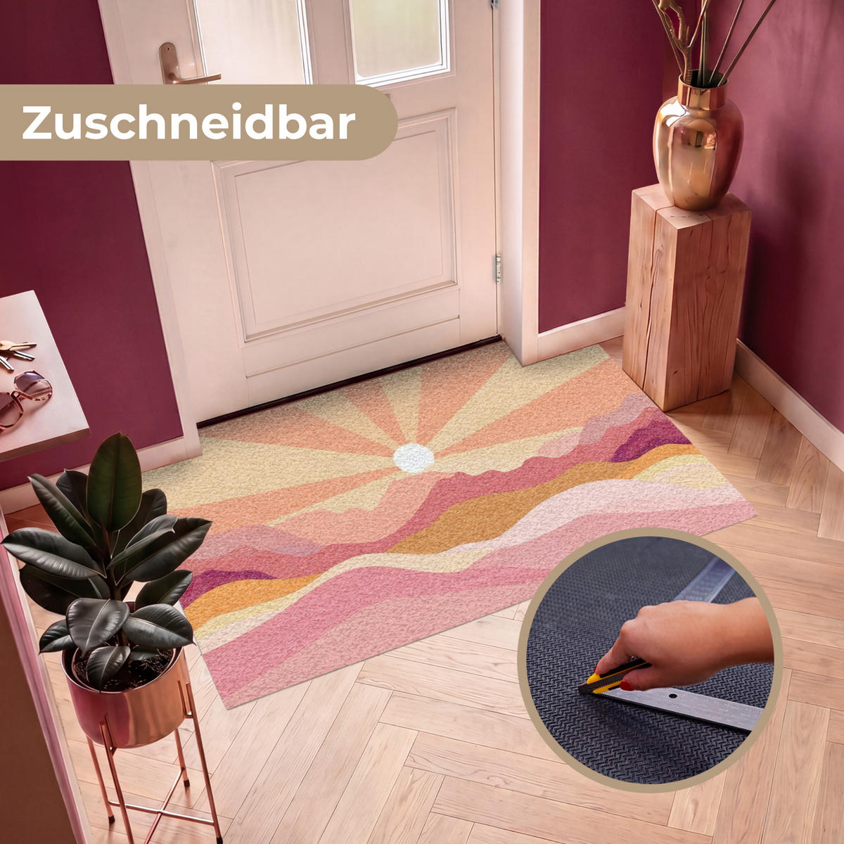 FUSSMATTE Berge - Abstrakt - Sonnenstrahlen - Rosa Sauberlaufmatte 150x90 cm - Rosa, Kunststoff (150/90cm) - MuchoWow