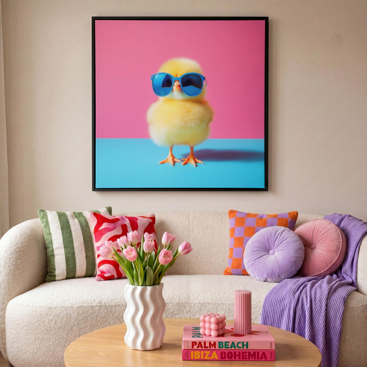 LEINWAND Bilder mit Rahmen - Chick - Sonnenbrille - Blau - 90x90 - Pink, Textil (90/90cm) - MuchoWow