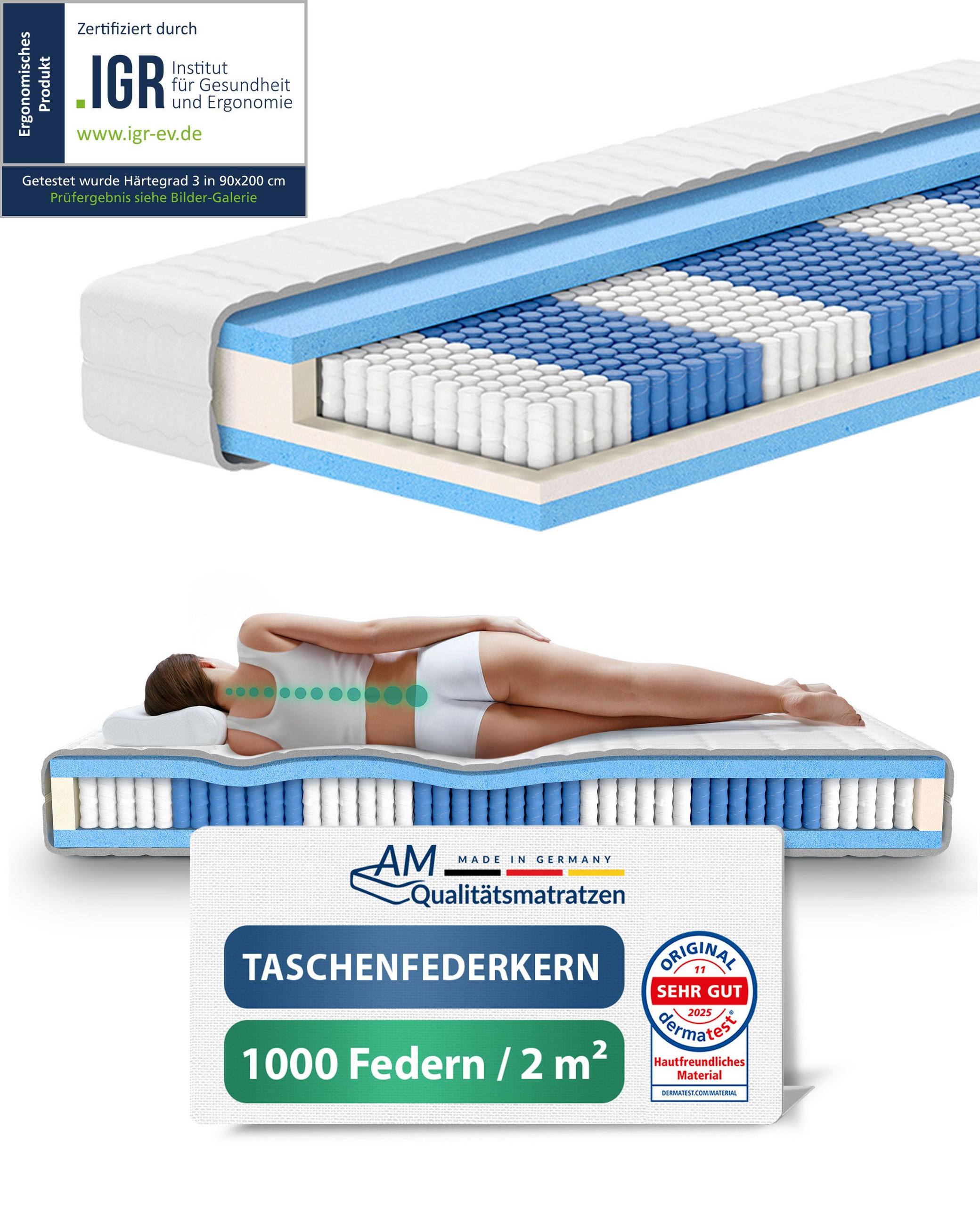 TASCHENFEDERKERNMATRATZE 1000 Federn 180/220 cm H3 - 24cm Höhe & Tencel Bezug - Weiß, Textil (180/220cm) - AM Qualitätsmatratzen