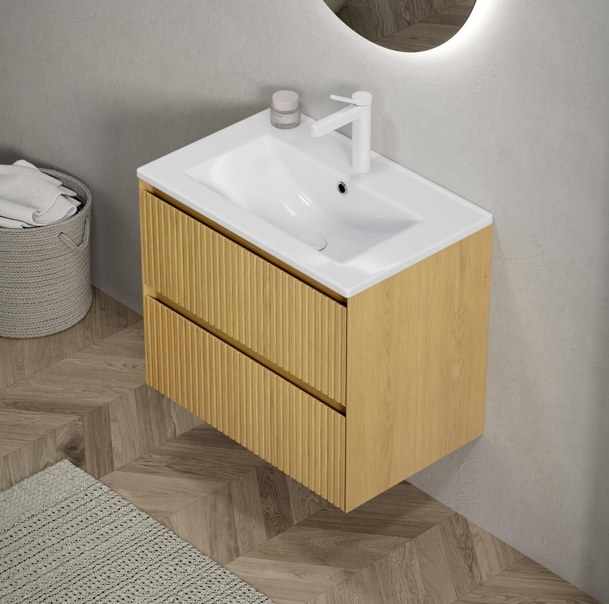 BADEZIMMERSCHRANK 61x39x51.5 cm Golden Oak & Weiß aus Keramik & Sperrholz mit 2 Schubladen - Eichefarben, Keramik (61/51.5/39cm) - Modfu