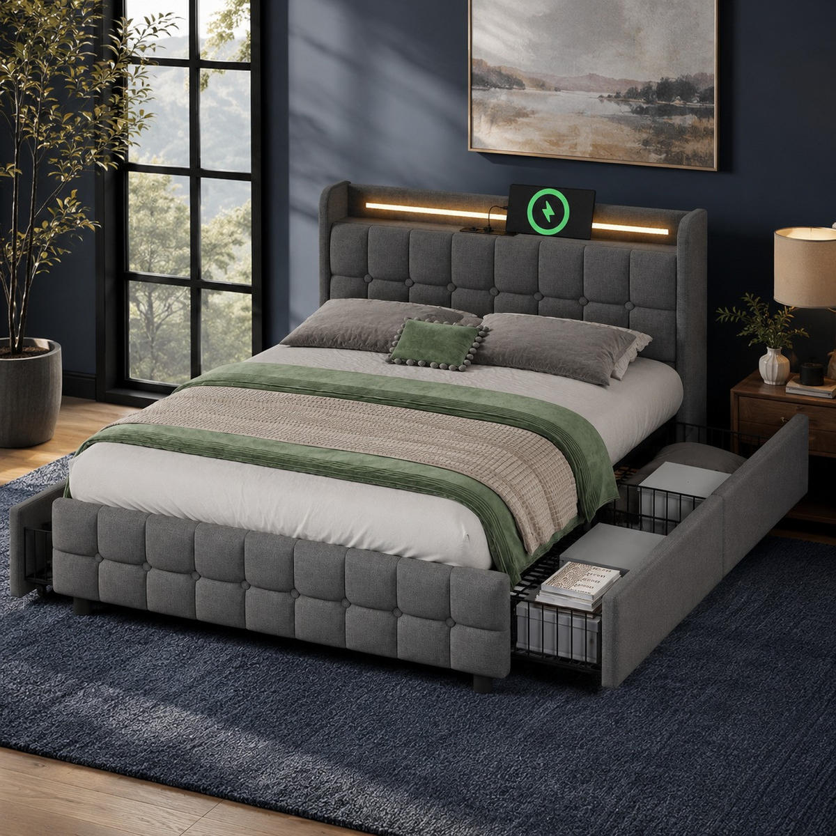 POLSTERBETT 180/200 mit 4 Schubladen, LED und USB in Grau - Grau, Holzwerkstoff/Textil (180/200cm) - EVRYAE