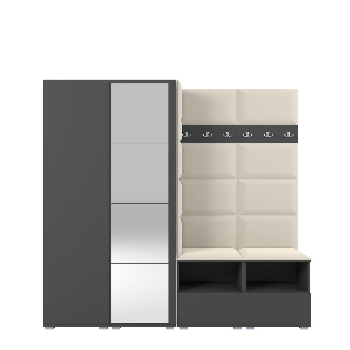 GARDEROBE NELA VI 200 cm (Modulare Flurmöbel Graphit mit Spiegel & Sitzpolster Creme 01 Universell) - Silberfarben/Creme, Holz/Holzwerkstoff (200/187/40cm) - Ravio
