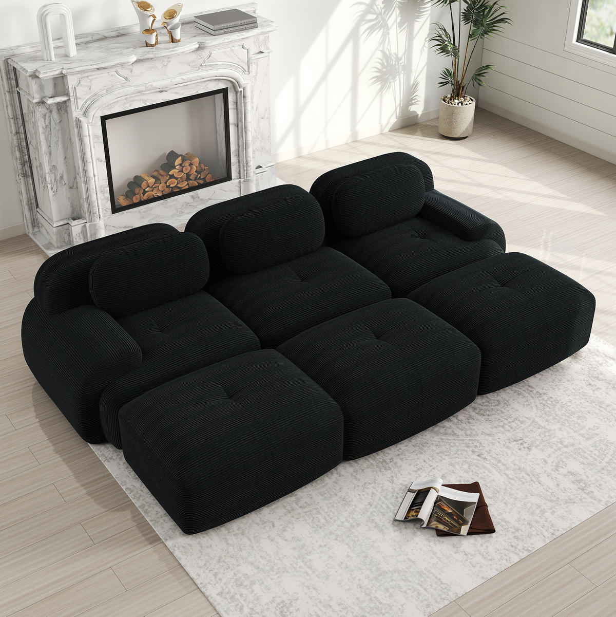 ECKSOFA modular rahmenlos Cordstoff Black - Schwarz, Kunststoff (178/75/298.2cm) - Meubliv