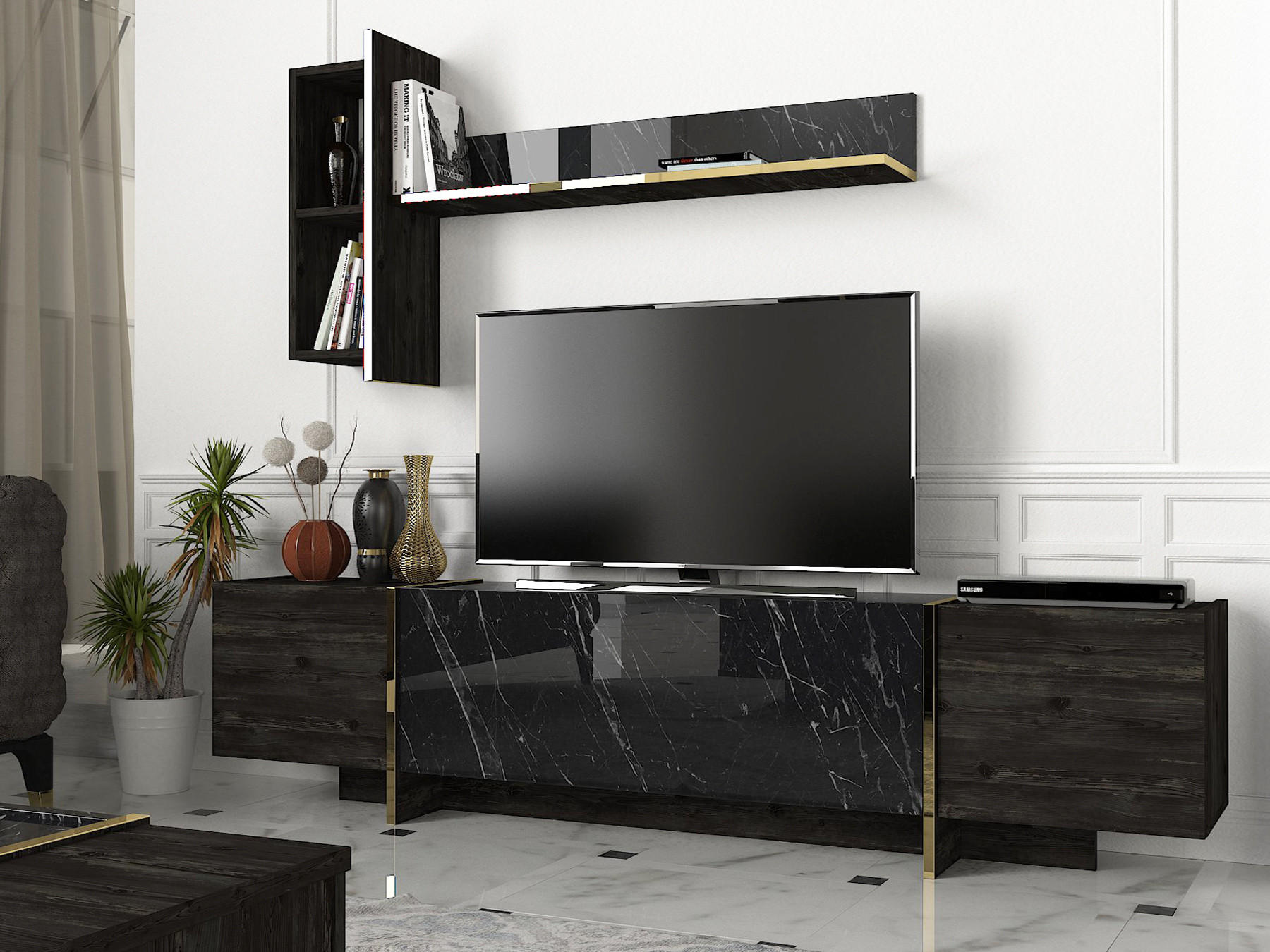 WOHNWAND Veyron Rebab Braun Dunkelgrau ( Marmor Optik ) - Dunkelgrau/Braun, Holzwerkstoff (180/45/32cm) - moebel17