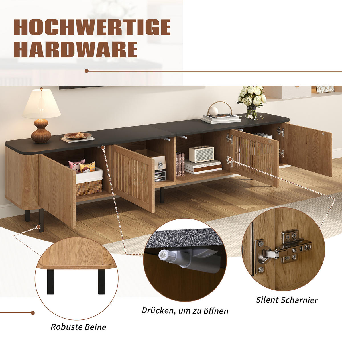 TV-SCHRANK 190cm modern TV-Ständer niedrig Design - Eichefarben, Holzwerkstoff (35/45/190cm) - FLIEKS