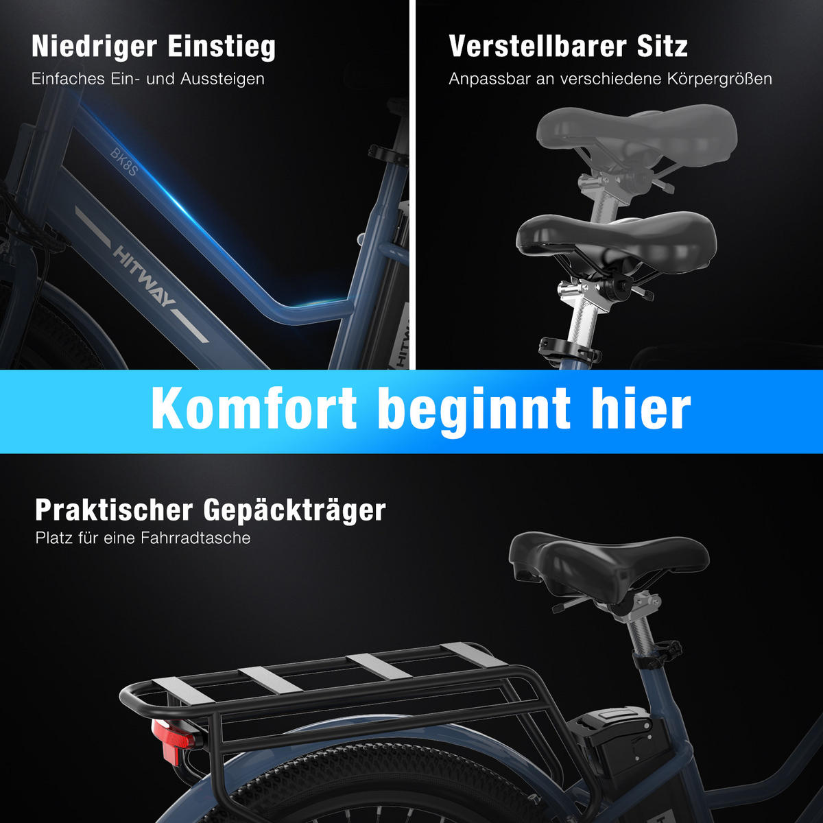 E-BIKE BK8SL 27.5 Zoll mit App 36V 13Ah Akku - Blau, Metall (76cm) - HITWAY