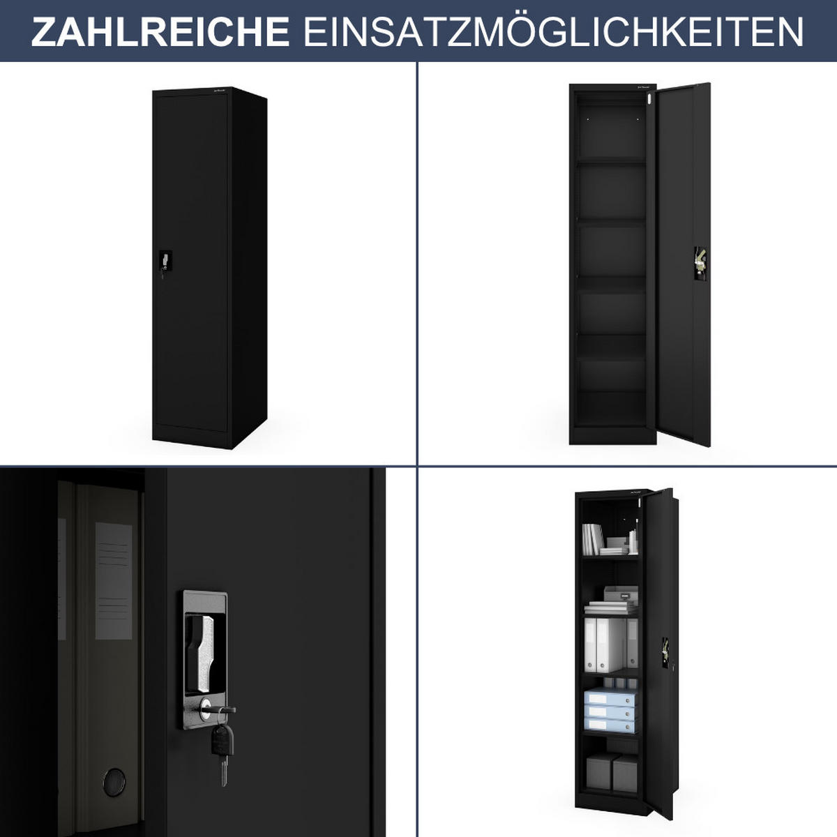 AKTENSCHRANK abschließbar KADO Flügeltüren 185x45x60cm Schwarz - Schwarz, Metall (45/185/60cm) - DELUKE