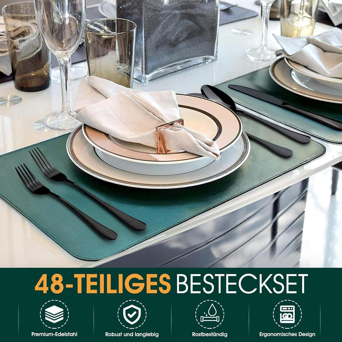 BESTECKSET 48-teilig Edelstahl Schwarz 8 Personen - Schwarz, Metall