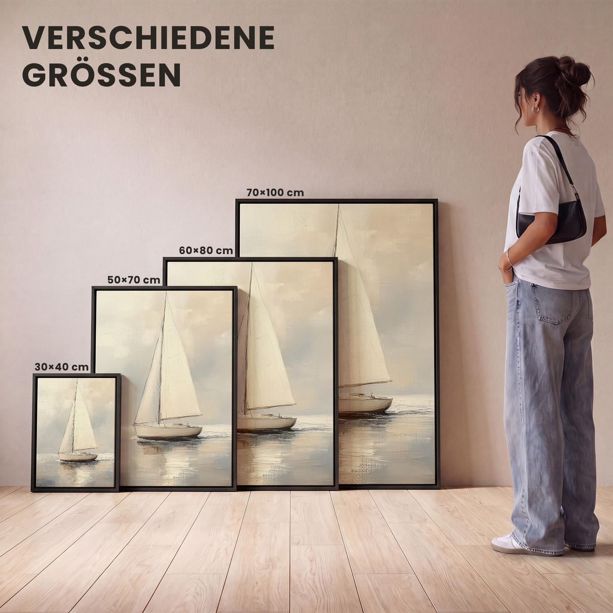 LEINWAND Bilder mit Rahmen - Segelschiff - Meer - Bewölkt - 60x80 - Creme, Textil (60/80cm) - MuchoWow