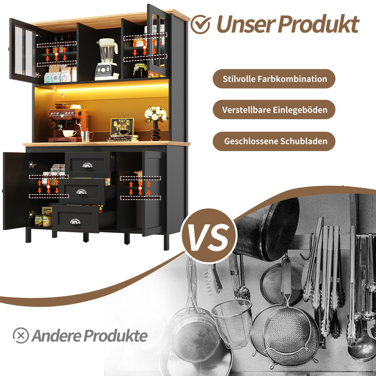 BUFFET 120/40/179 cm aus MDF und Metall mit LED-Beleuchtung Schwarz - Schwarz, Holzwerkstoff (120/179/40cm) - Modenvie