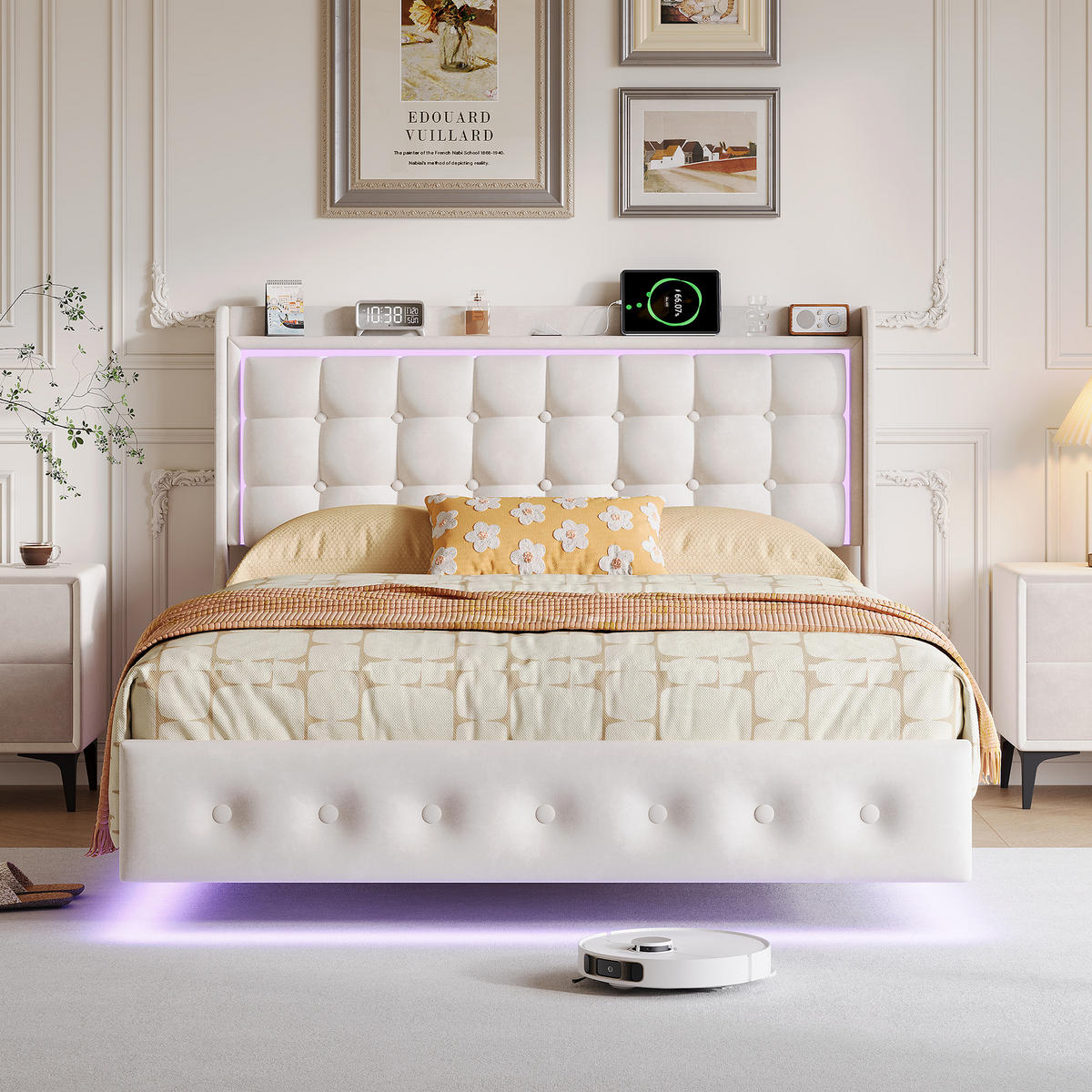 POLSTERBETT 140x200 cm Schwebebett mit LED & USB, Samtstoff Beige Doppelbett mit Lattenrost - Beige, Metall (140/200cm) - EuroLiving