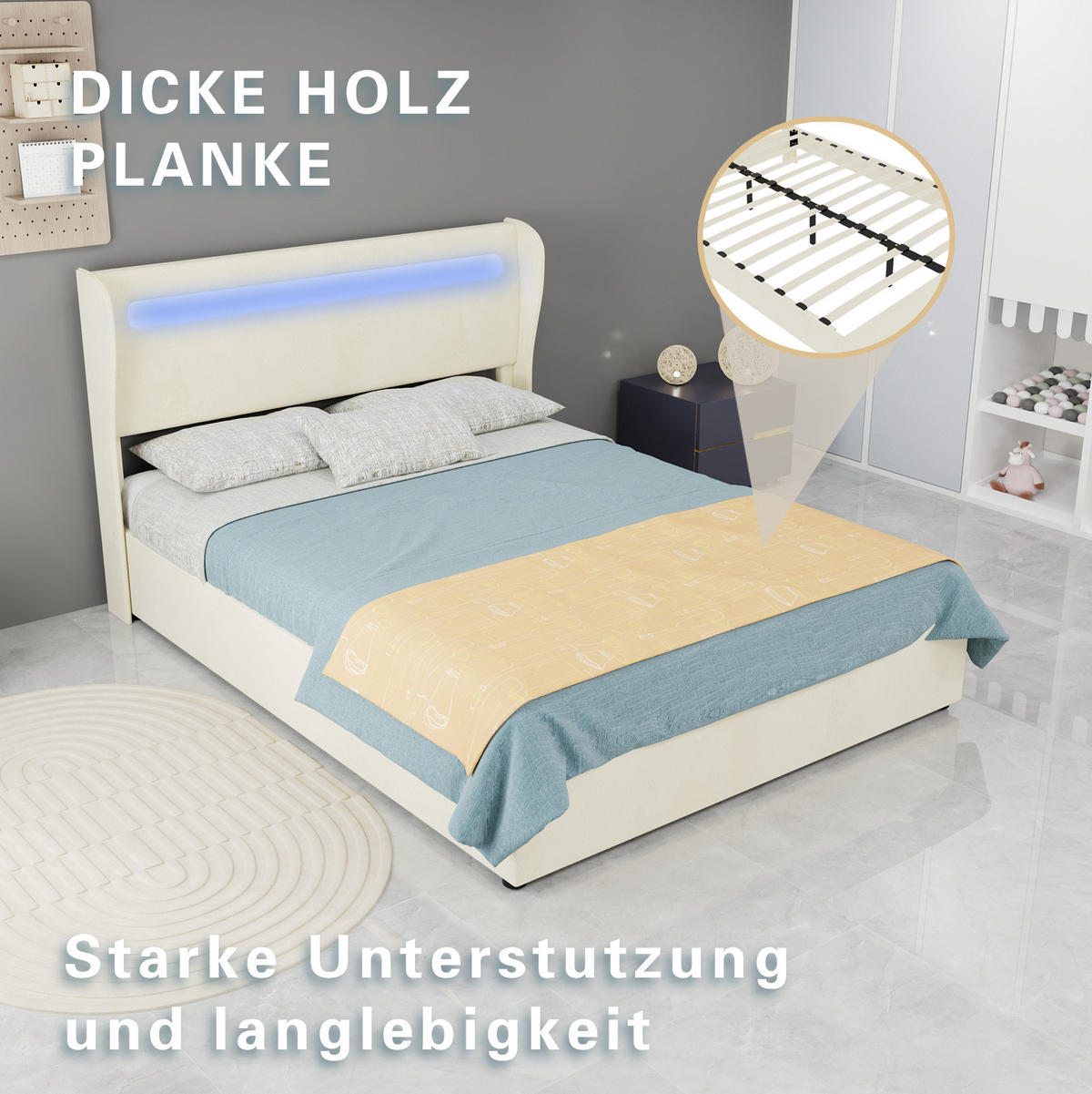 LED-POLSTERBETT 140x200 cm in Beige mit farbwechselnder LED-Beleuchtung - Beige, Textil (140/200cm) - IVMEU