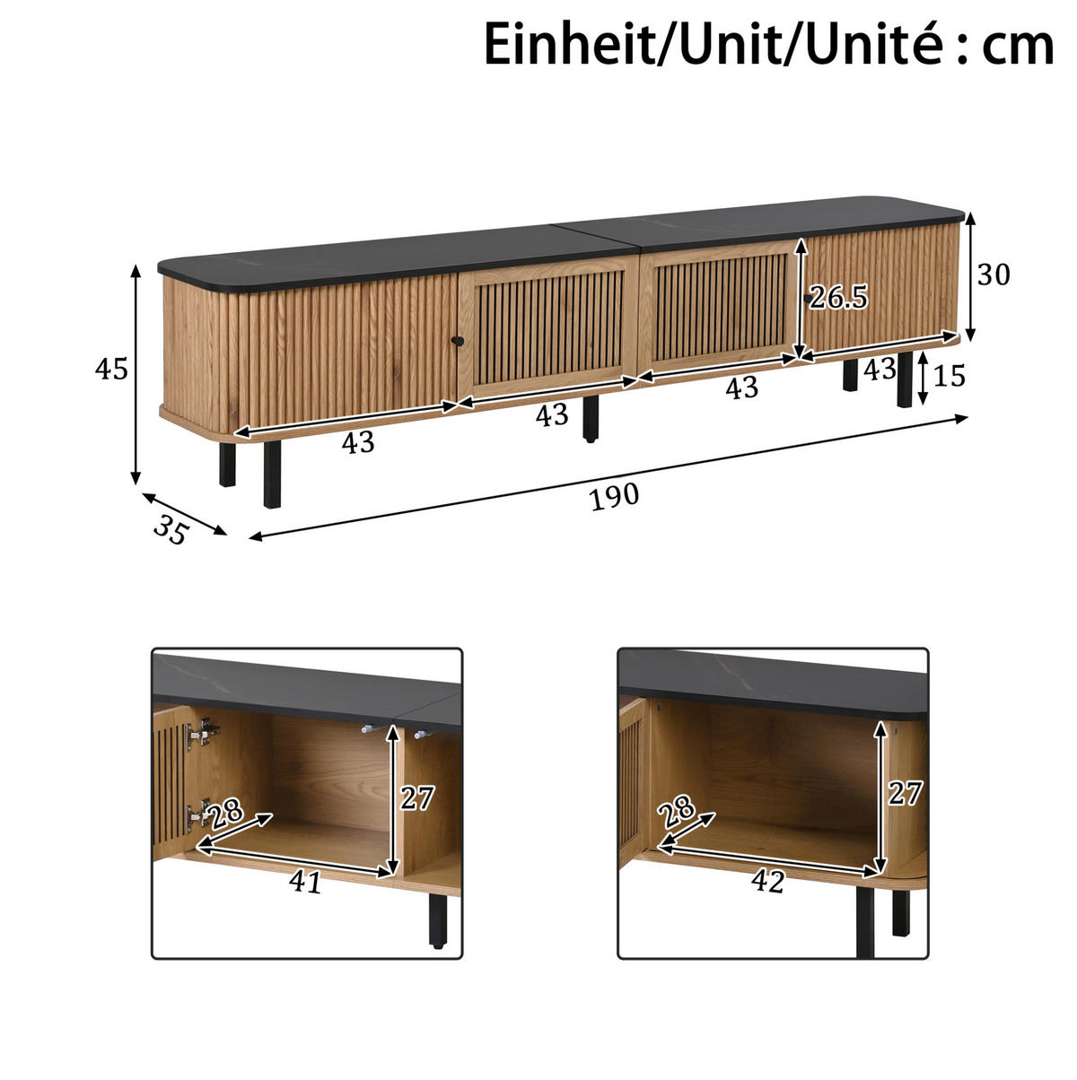 TV ormarić od MDF-a i iverice 190x35x45 cm boja hrasta s kliznim vratima, rešetkastim frontama i velikim prostorom za pohranu - smeđa, drvni materijal (190/45/35cm) - Modfu
