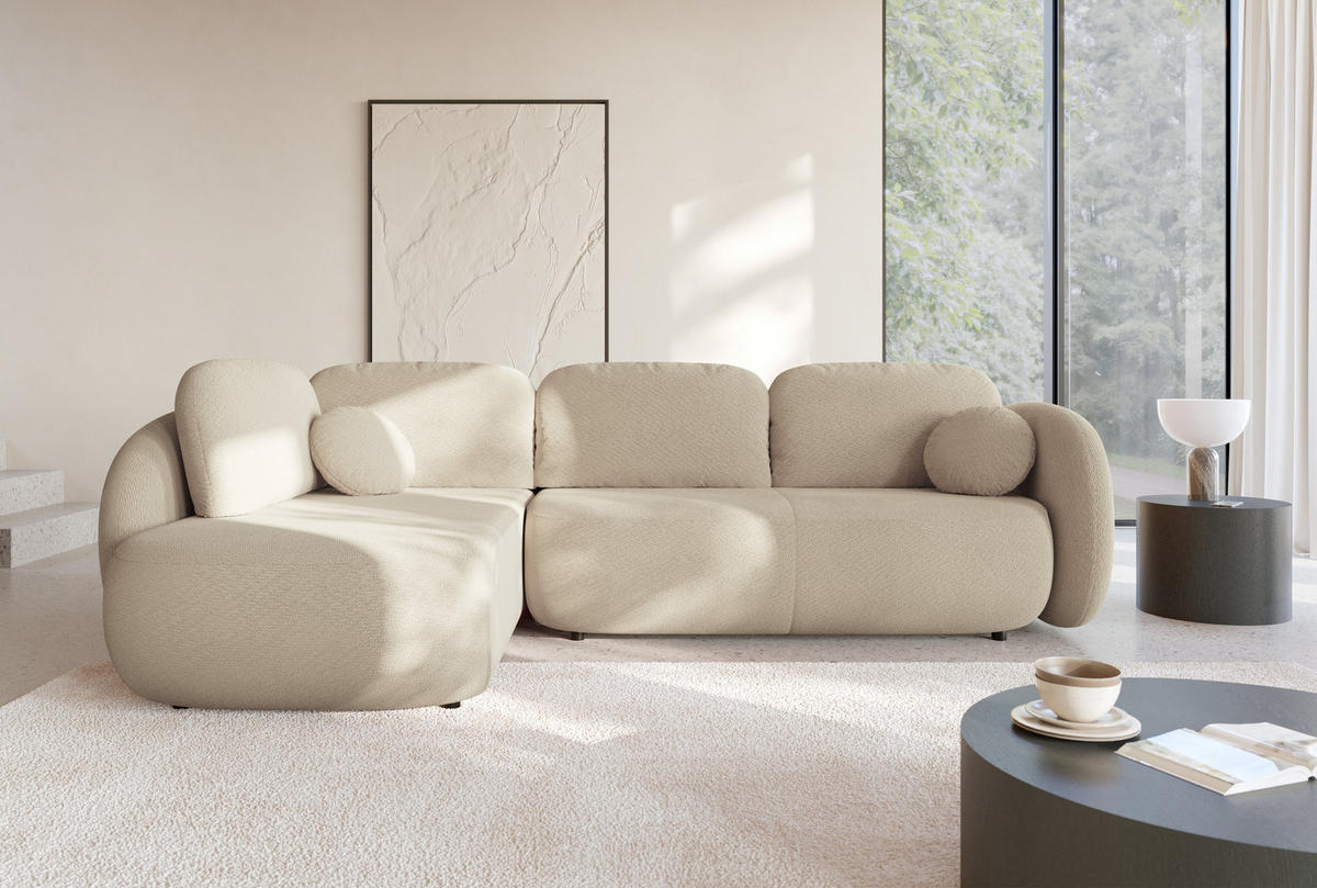 ECKSOFA AMICO II L-S Beige Geflochtener Stoff mit Schlaffunktion - Beige, Holz (289/190cm) - MASSENO