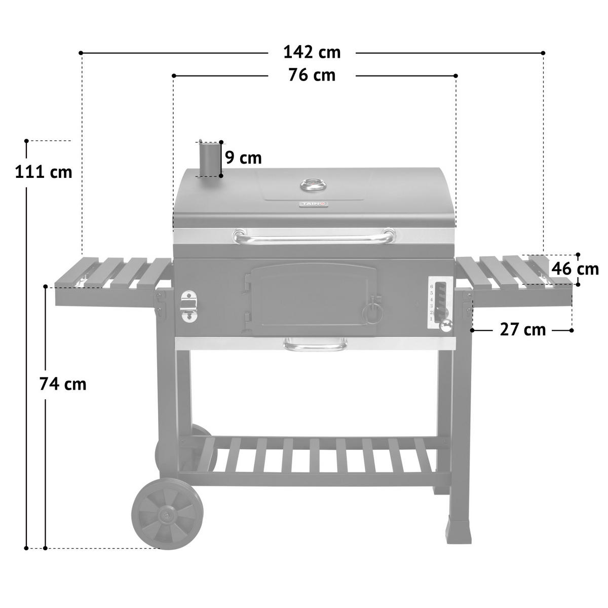 HOLZKOHLEGRILL und Smoker HERO XXL - Schwarz, Metall (142/111/46cm) - TAINO
