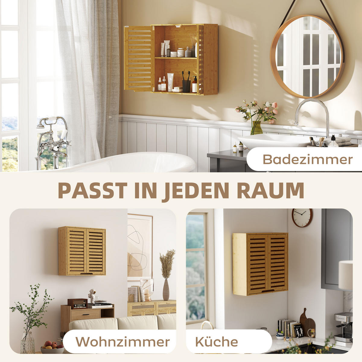 BADEZIMMERSCHRANK Wandschrank aus Bambus mit atmungsaktiven Lamellentüren Natur - Naturfarben, Naturmaterialien (20/60/60cm) - HOMCOM