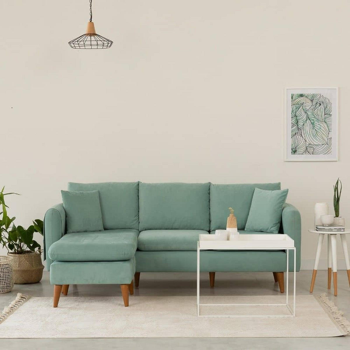 ECKSOFA kompakt, Gesamtbreite 215 cm, perfekt für kleine Räume - Nussbaumfarben/Grün, Holz/Textil (215/145cm) - myHomelando