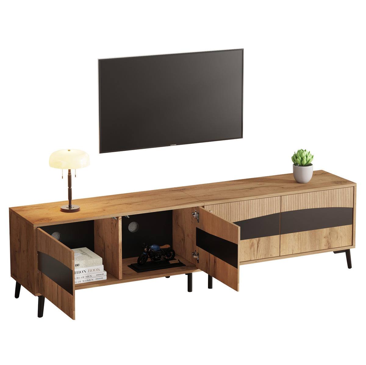 LOWBOARD 180/40/50 cm aus Spanplatte mit 4 Türen und symmetrischem Design Naturfarben/Schwarz - Naturfarben, Holzwerkstoff (180/50/40cm) - Modenvie