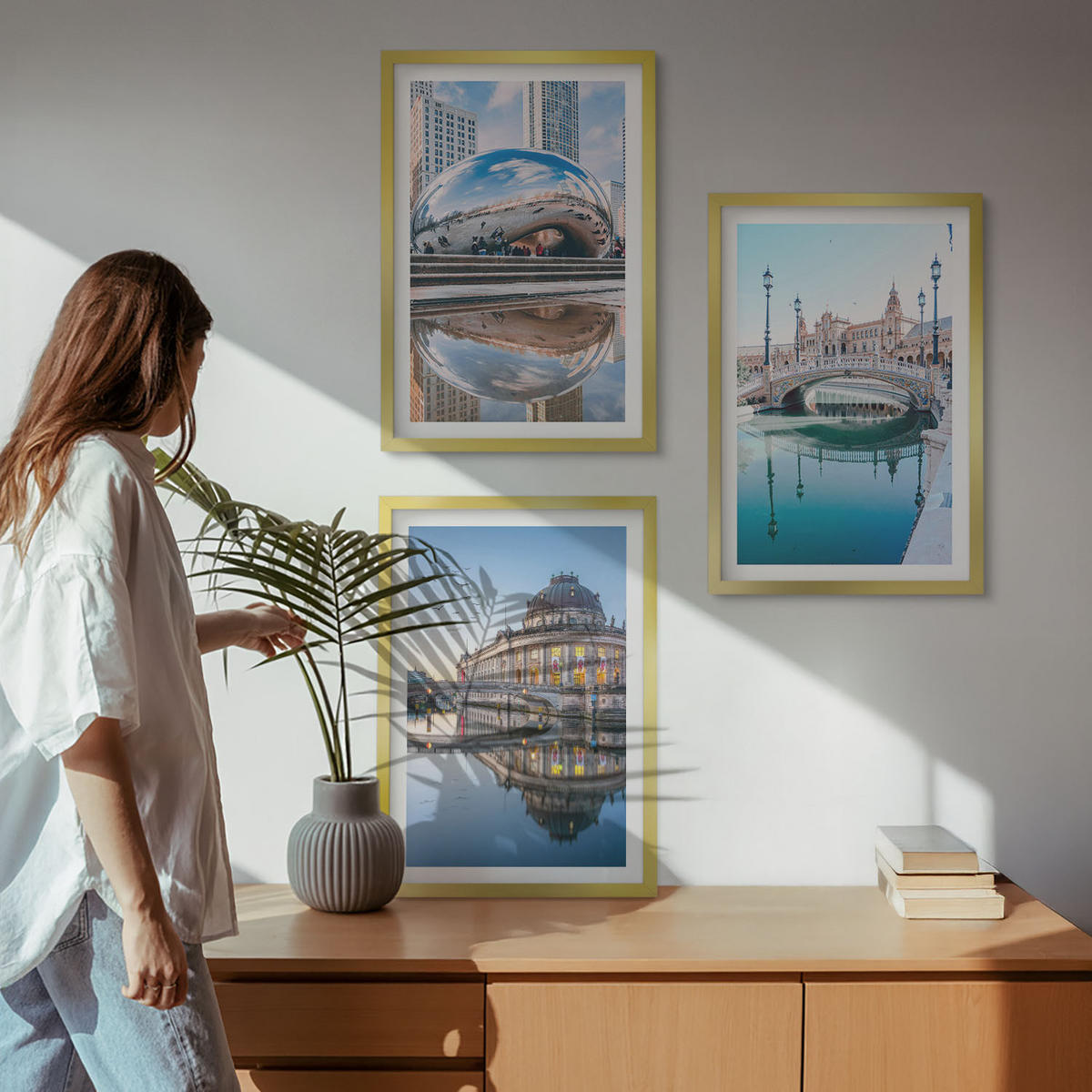 WANDBILDER 3er Set - 40x60 cm Goldrahmen - Architektur von Städten am Wasser - Goldfarben, Kunststoff (40/60cm) - ArtPrintCave