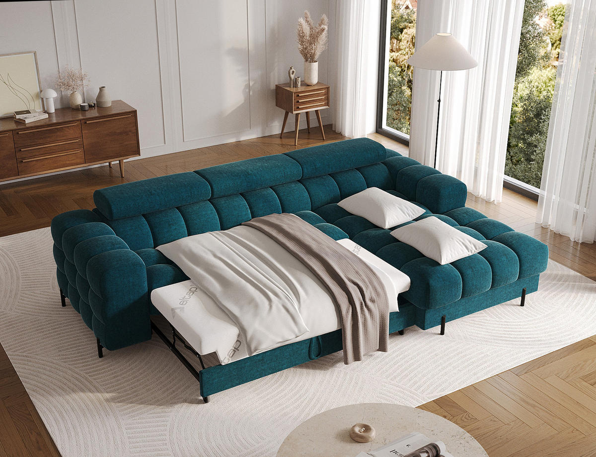 ECKSOFA FELRO mit Schlaffunktion, Bettkasten & verstellbaren Kopfstützen – Modernes Premium-Ecksofa in L-Form - Blau, Kunststoff (181/285cm) - Wohnideebilder