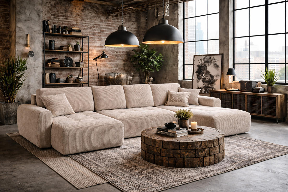 ECKSOFA Mit Schlaffunktion Und Bettkasten U-Form Ivo U, Cordstoff Poso, Beige - Beige, Holz (342/142cm) - Kaiser Möbel