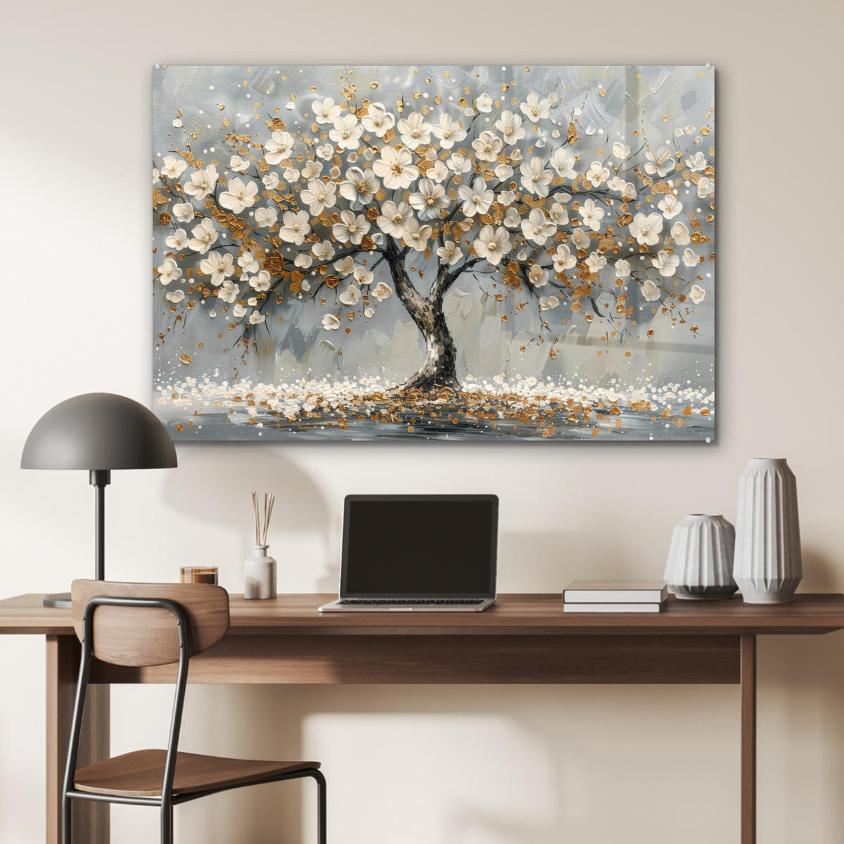 ACRYLGLASBILD Baum - Blumen - Weiß - Natur - Kunst 90x60 cm - Weiß, Glas (90/60cm) - MuchoWow
