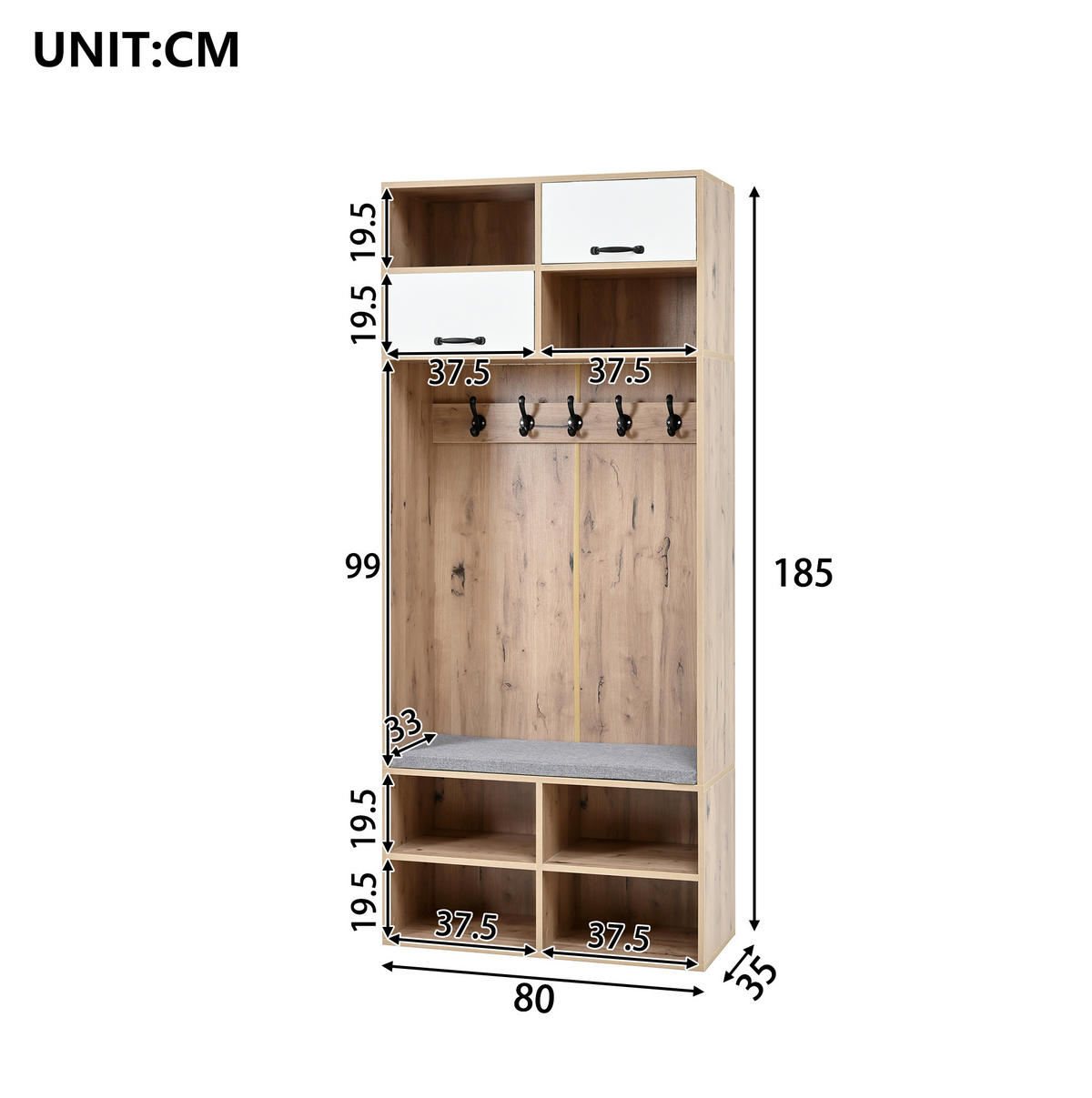 GARDEROBE 80/185/35 cm Naturfarben/Weiß aus Spanplatte mit Sitzbank - Naturfarben, Holzwerkstoff (35/185/80cm) - OKMYHOME