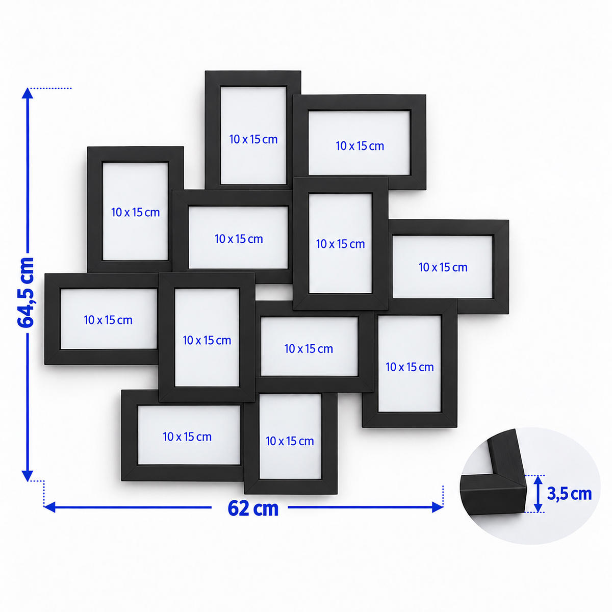 RAMĂ negru colaj pentru 12 fotografii 10x15 cm - negru, material plastic/compozit lemnos (62/64.5/3.5cm) - Relaxdays