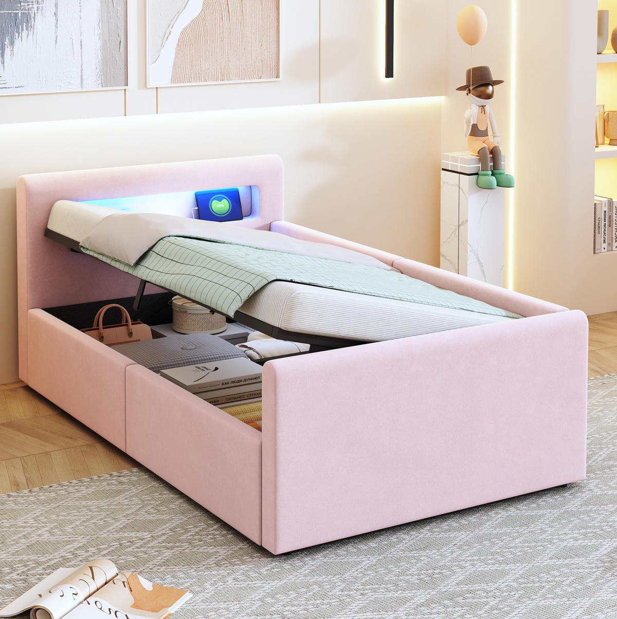 POLSTERBETT 90/200 cm Rosa aus Samtstoff mit Stauraum - Rosa, Textil (90/200cm) - OKMYHOME