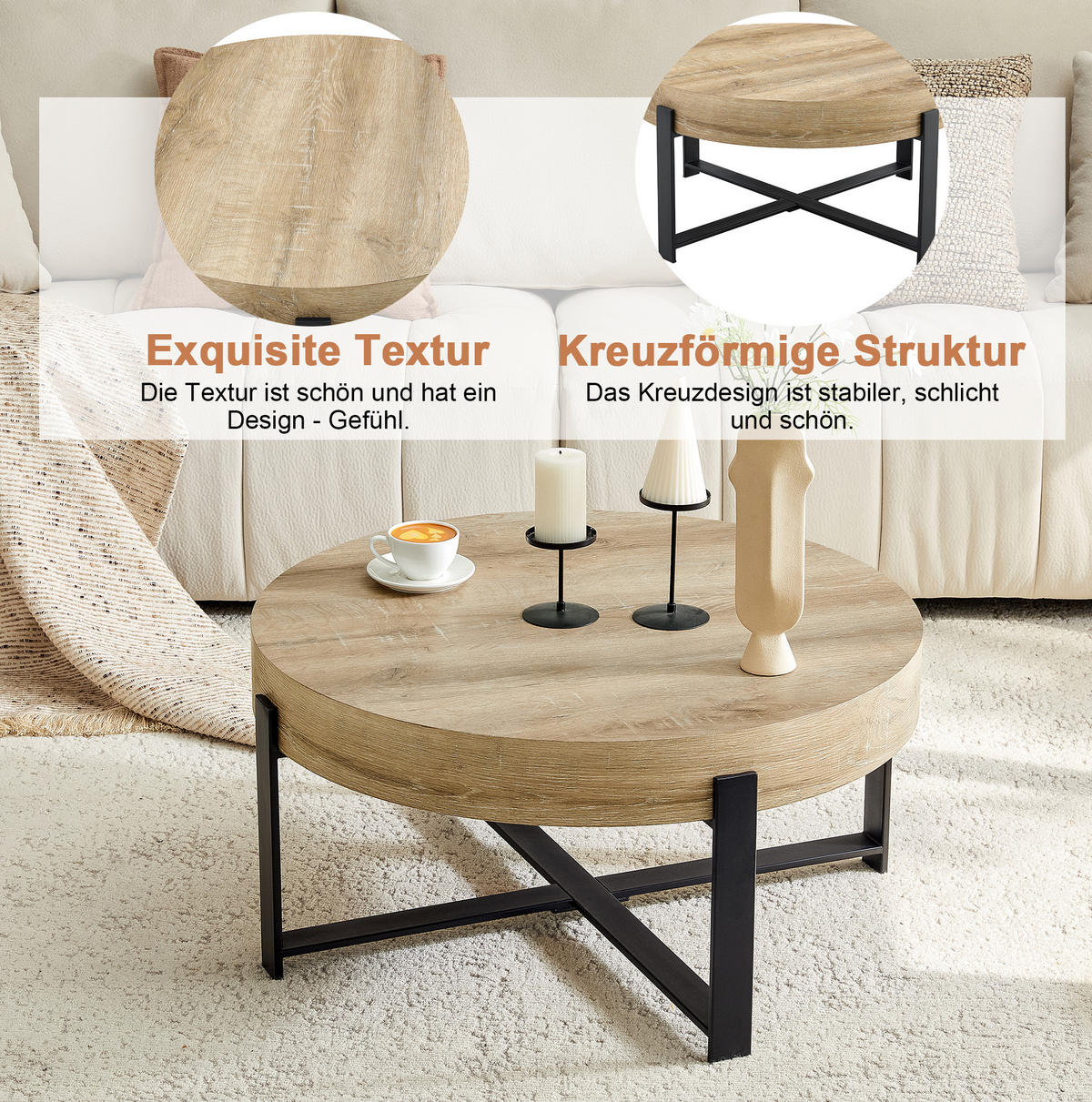 COUCHTISCH 68/36 cm in Holzoptik mit Metallgestell - Schwarz, Holzwerkstoff (68/68/36cm) - Flora Grace