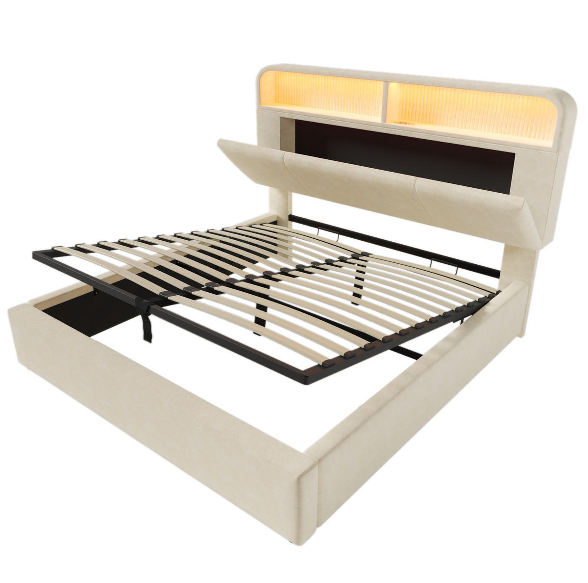 POLSTERBETT 180/200 cm in Beige mit Stauraum, LED-Beleuchtung und USB/Type-C - Beige, Textil (180/200cm) - Flora Grace