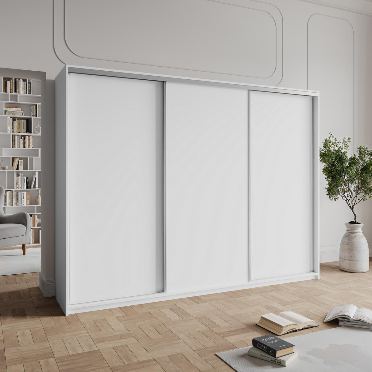 SCHWEBETÜRENSCHRANK NISSE 250/205/60 cm 3-türig mit Schubladen Weiß - Weiß/Nickelfarben, Holzwerkstoff (250/205/60cm) - MASSENO