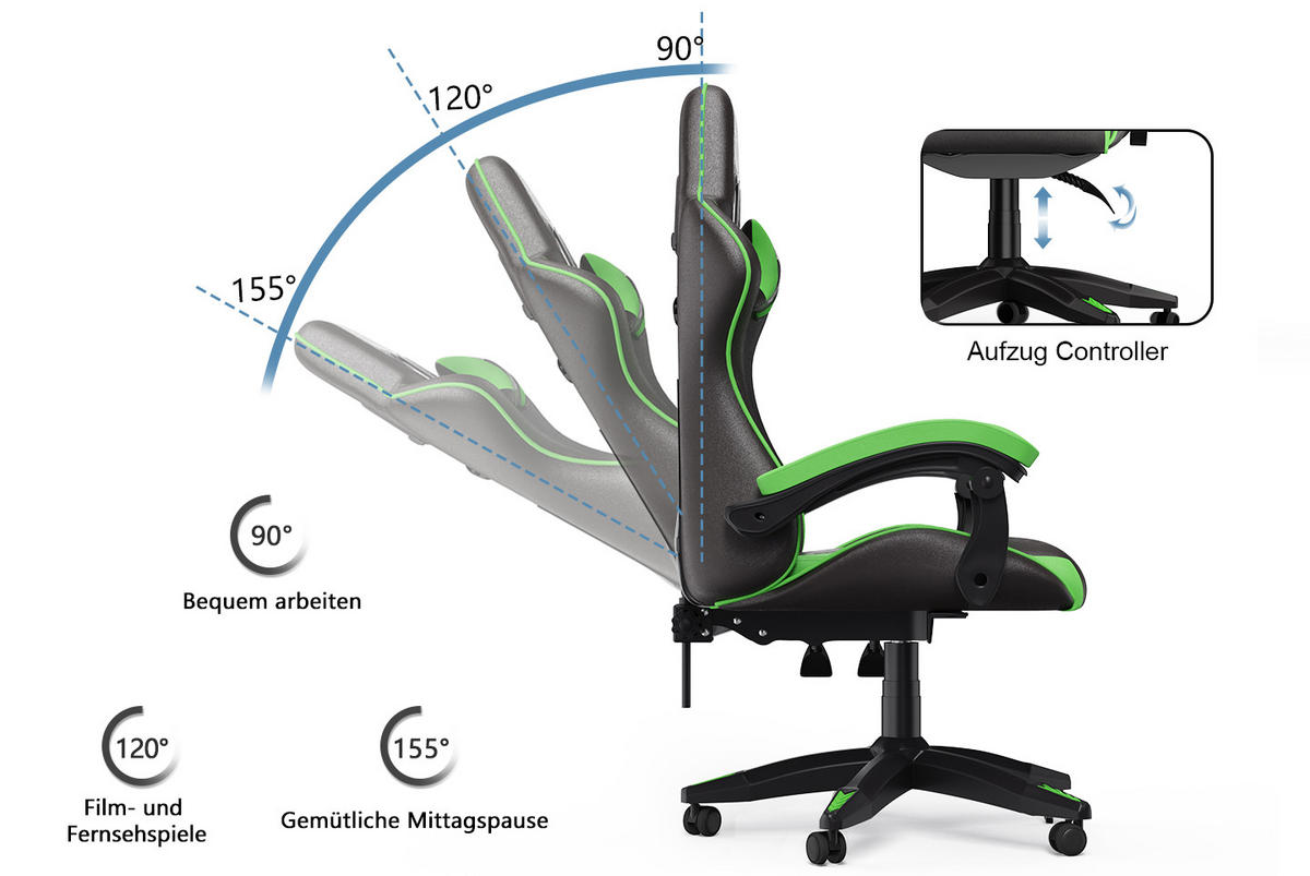 GAMING-STUHL ergonomisch, verstellbare Rückenlehne, Kissen – Grün - Grün, Leder (59/120/56cm) - Rattantree