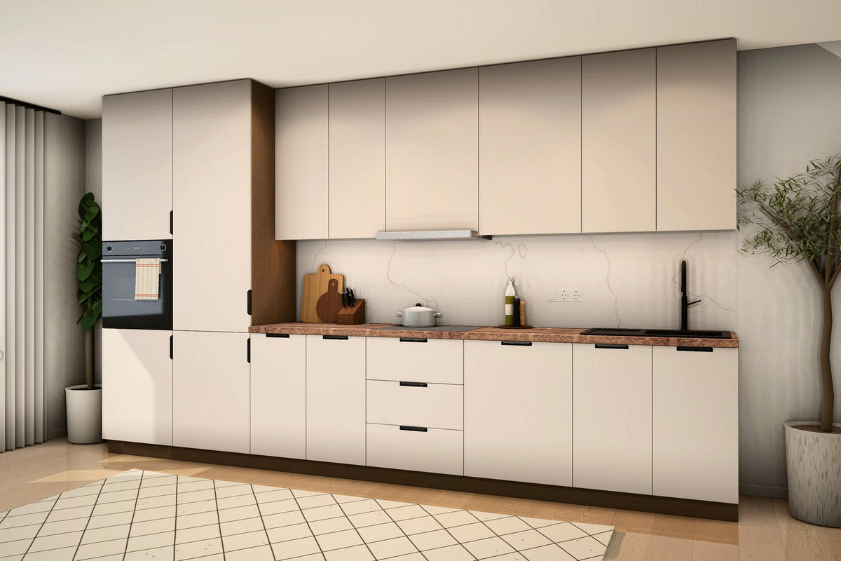 KÜCHENZEILE Sorento Beige – 400 cm – K73-G400 L – mit Vorrats-Hochschrank - Beige/Schwarz, Holzwerkstoff/Metall (400/247/58cm) - ROYAL24_MARKT