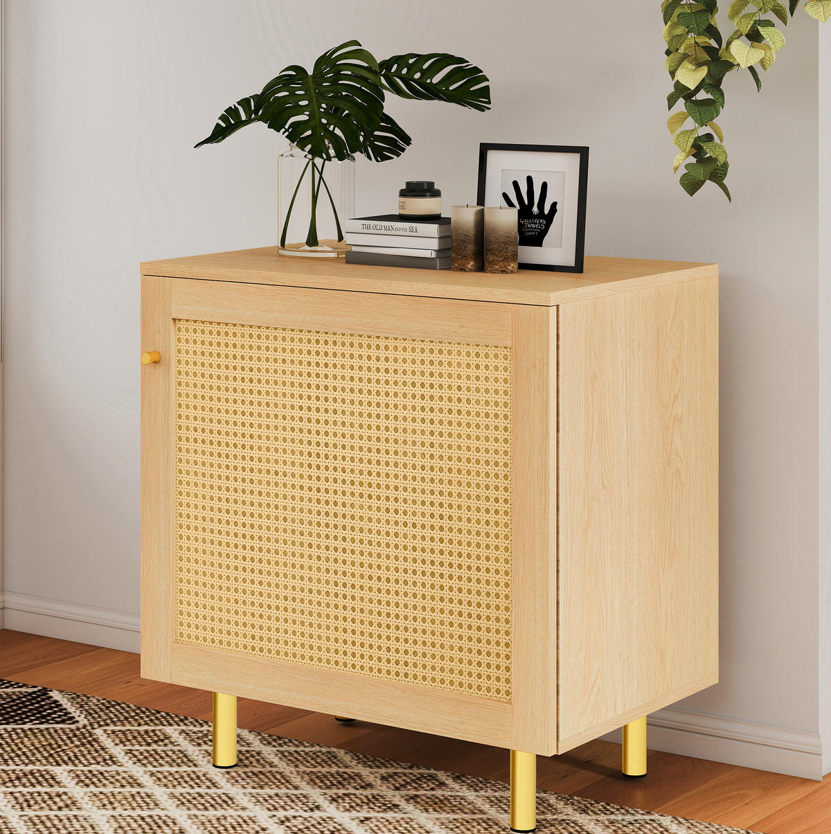 BOČNÍ skříň 60/40/63 cm přírodní z MDF s ratanovými dvířky a zlatými nohami - přírodní, kompozitní dřevo (60/63/40cm) - OKWISH
