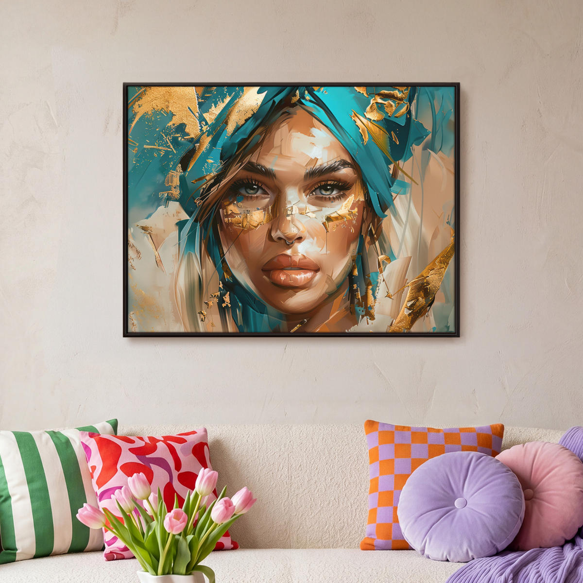 LEINWAND Bilder mit Rahmen - Frau - Porträt - Gold - Luxus - Blau - 70x50 - Türkis, Textil (70/50cm) - MuchoWow