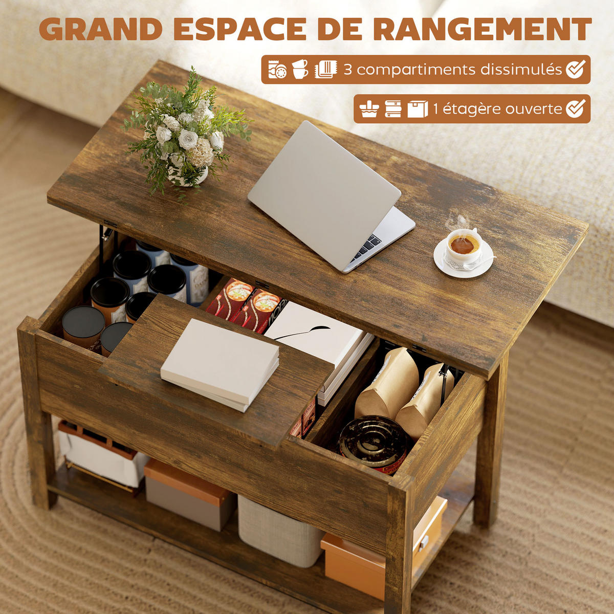 COUCHTISCH DE-15833 2 klappbare Platten Rostbraun - Braun, Holzwerkstoff (100/90/63.5cm) - ComfortXL