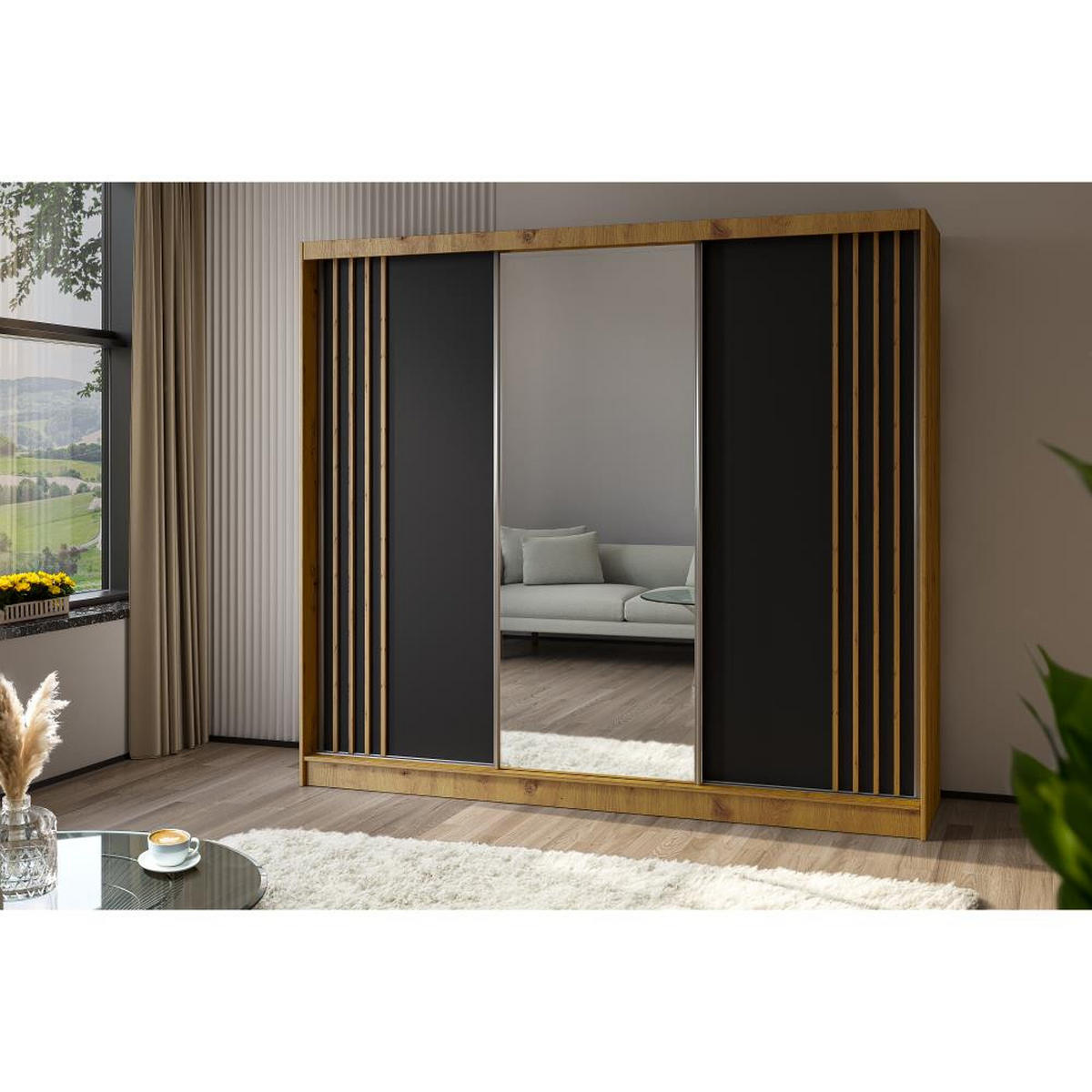SCHWEBETÜRENSCHRANK Nela 240/216/61 eiche artisan mit Schubladen - Schwarz/Eiche Artisan, Holzwerkstoff (240/216/61cm) - Beautysofa